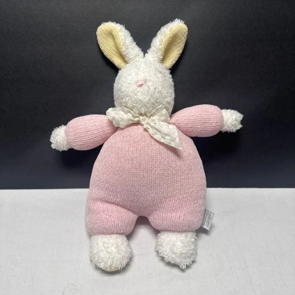 Carters Classic Baby Pink Bow Bunny Rabbit Stuffed toy Rattle Lovey Plush Knit